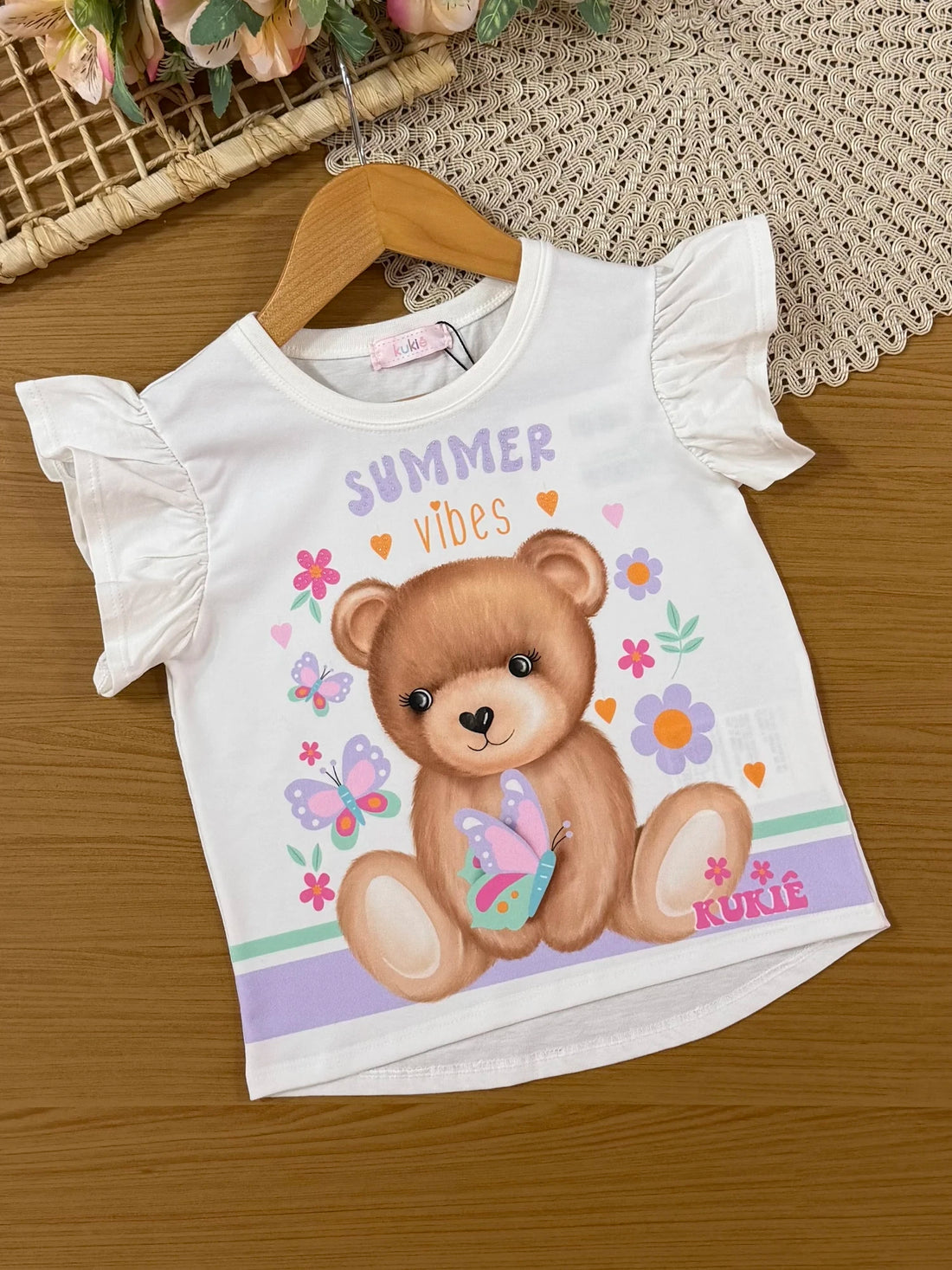Conjunto Infantil Kukiê com Shorts Marrom e Blusa Ursinha Summer Vibes
