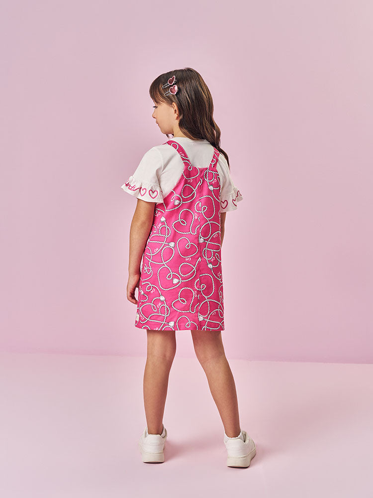 Salopete Infantil Cinti Verão Rosa Laço 3D e Blusa Branca Corações