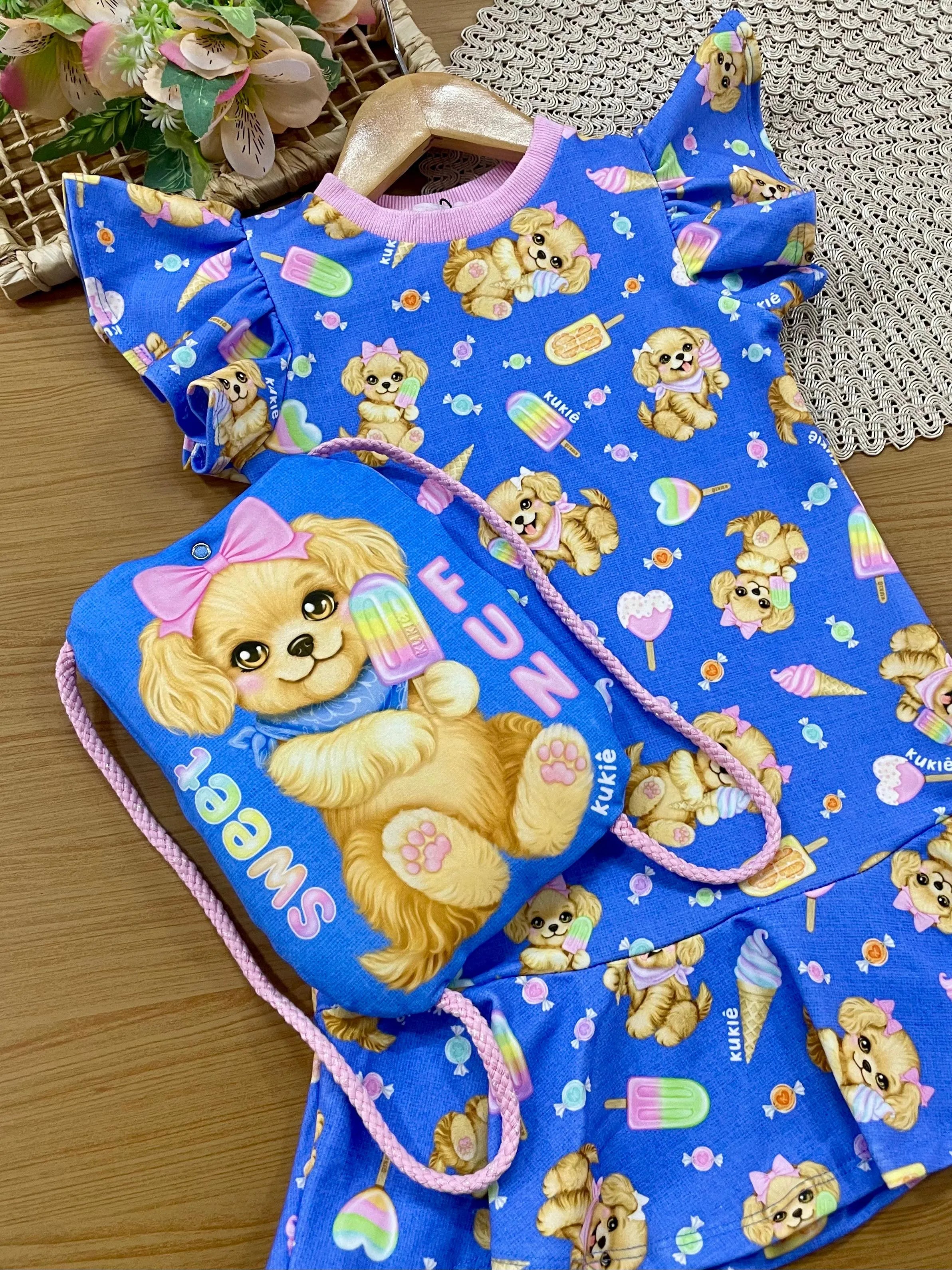 Vestido Infantil Kukiê com Bolsinha Azul Cachorrinha