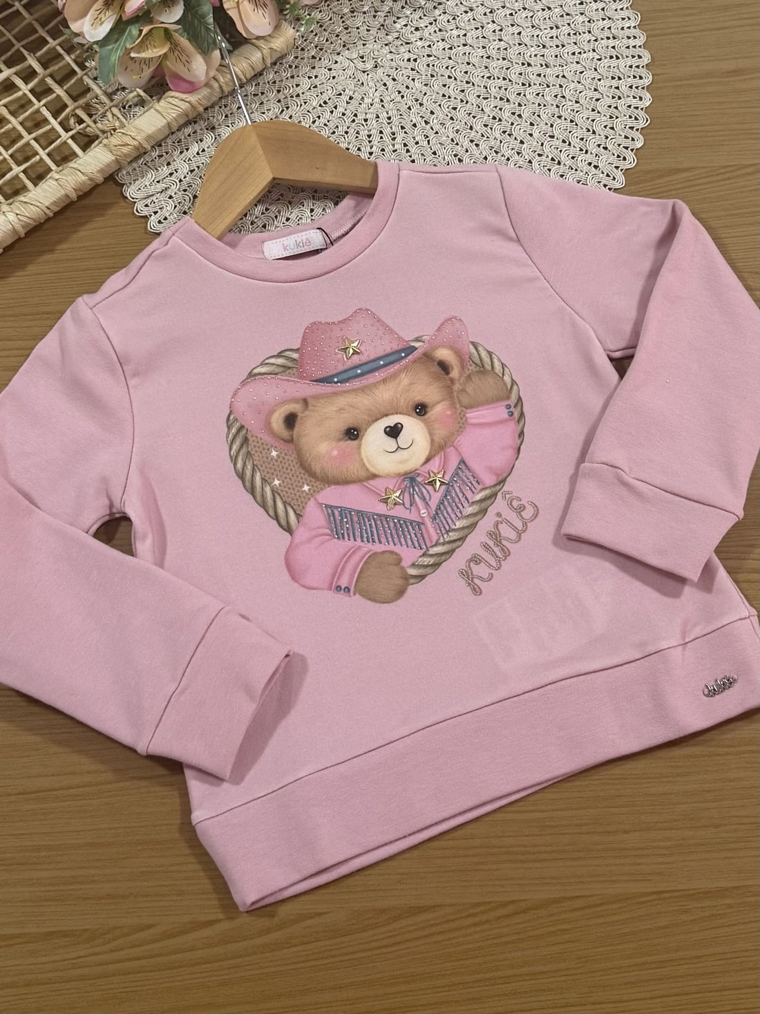 Conjunto Infantil Kukiê Inverno com Calça Legging e Casaco Rosa Ursinha Country