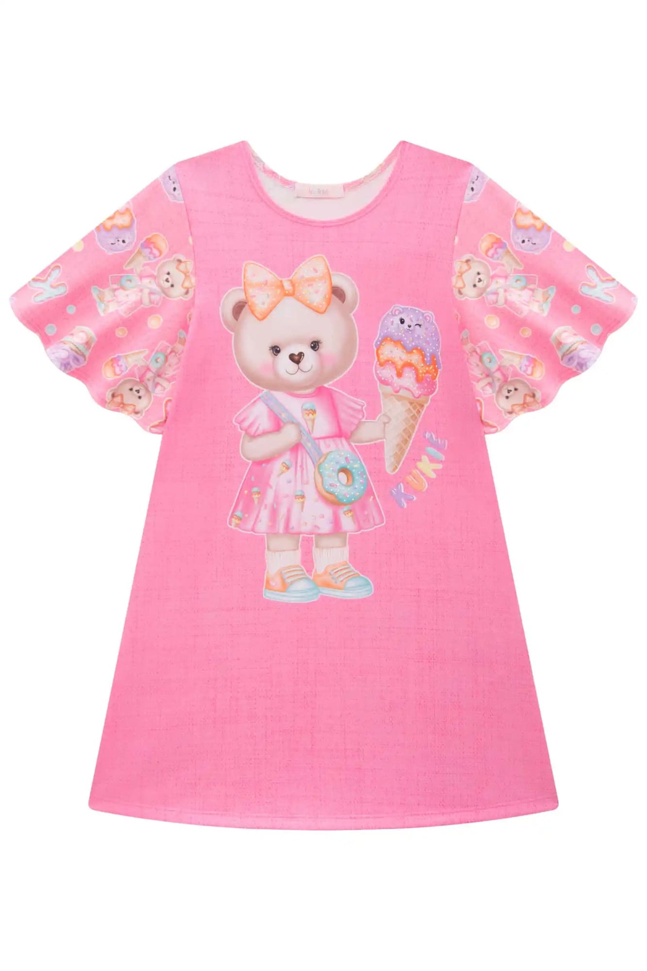 Vestido Infantil Kukiê Rosa Ursinha com Bolsinha