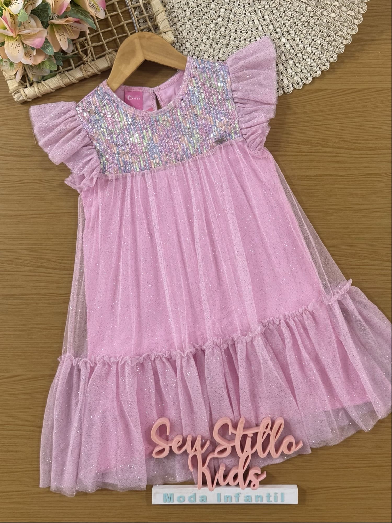 Vestido Infantil Cinti Verão Rosa Paetê e Tule com Glitter