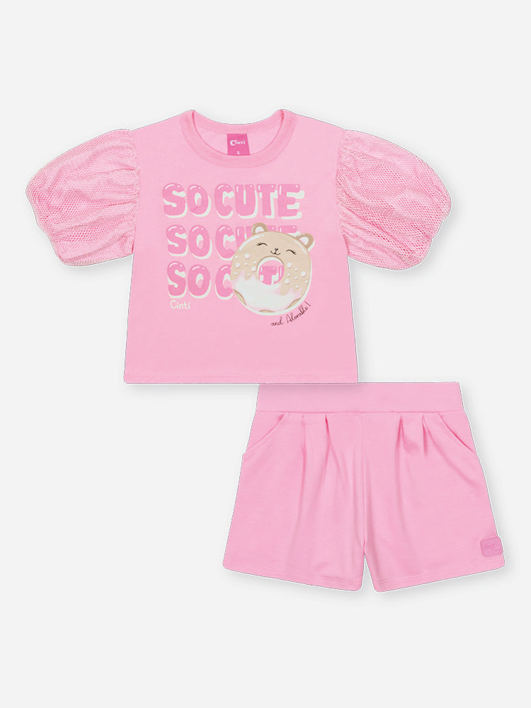 Conjunto Infantil Cinti Verão com Shorts e Blusa Rosa com Manga em Tela Cute
