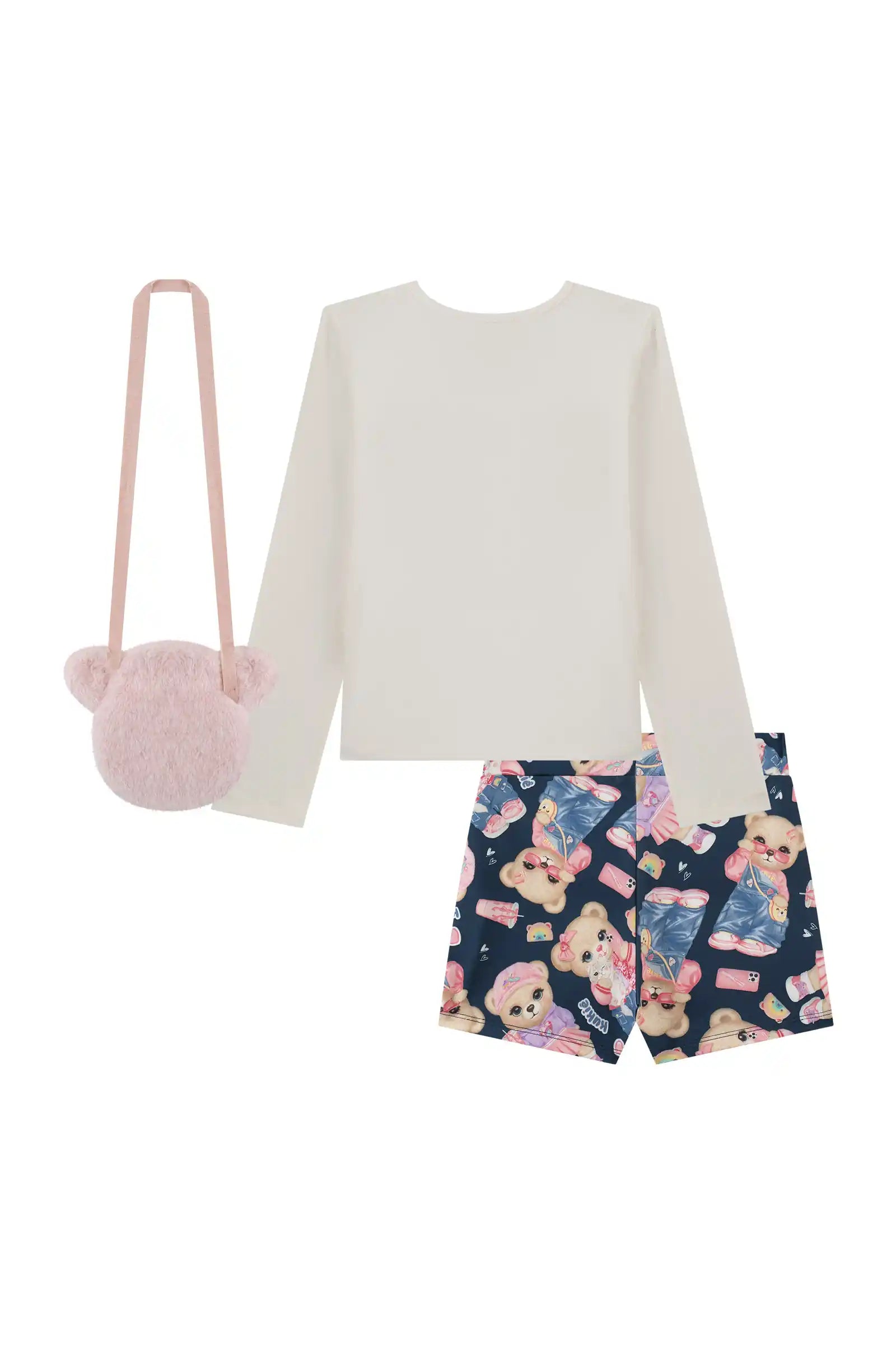 Conjunto Infantil Kukiê Inverno com Shorts Saia Azul Marinho, Blusa Manga Longa e Bolsinha