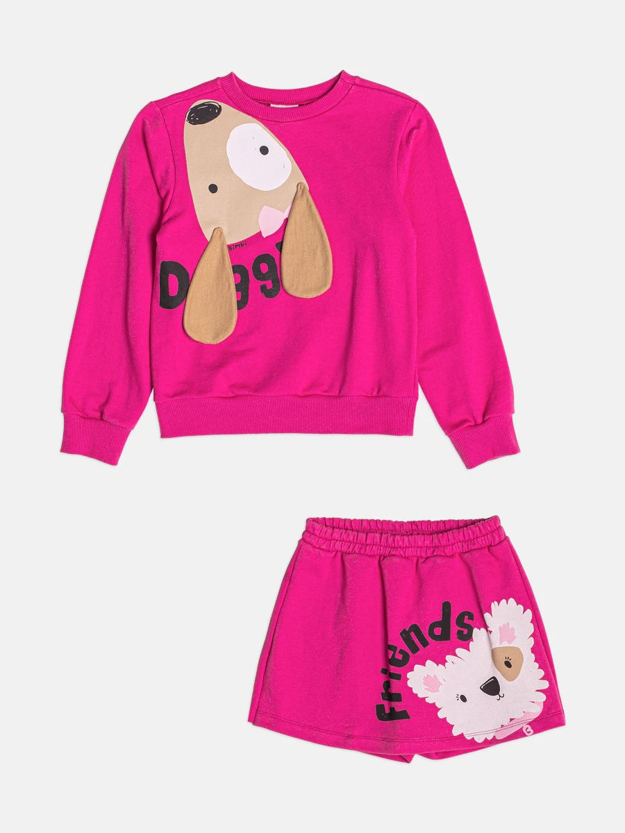 Conjunto Infantil Bimbi Inverno com Shorts Saia e Moletom sem Flanela Rosa Doggy