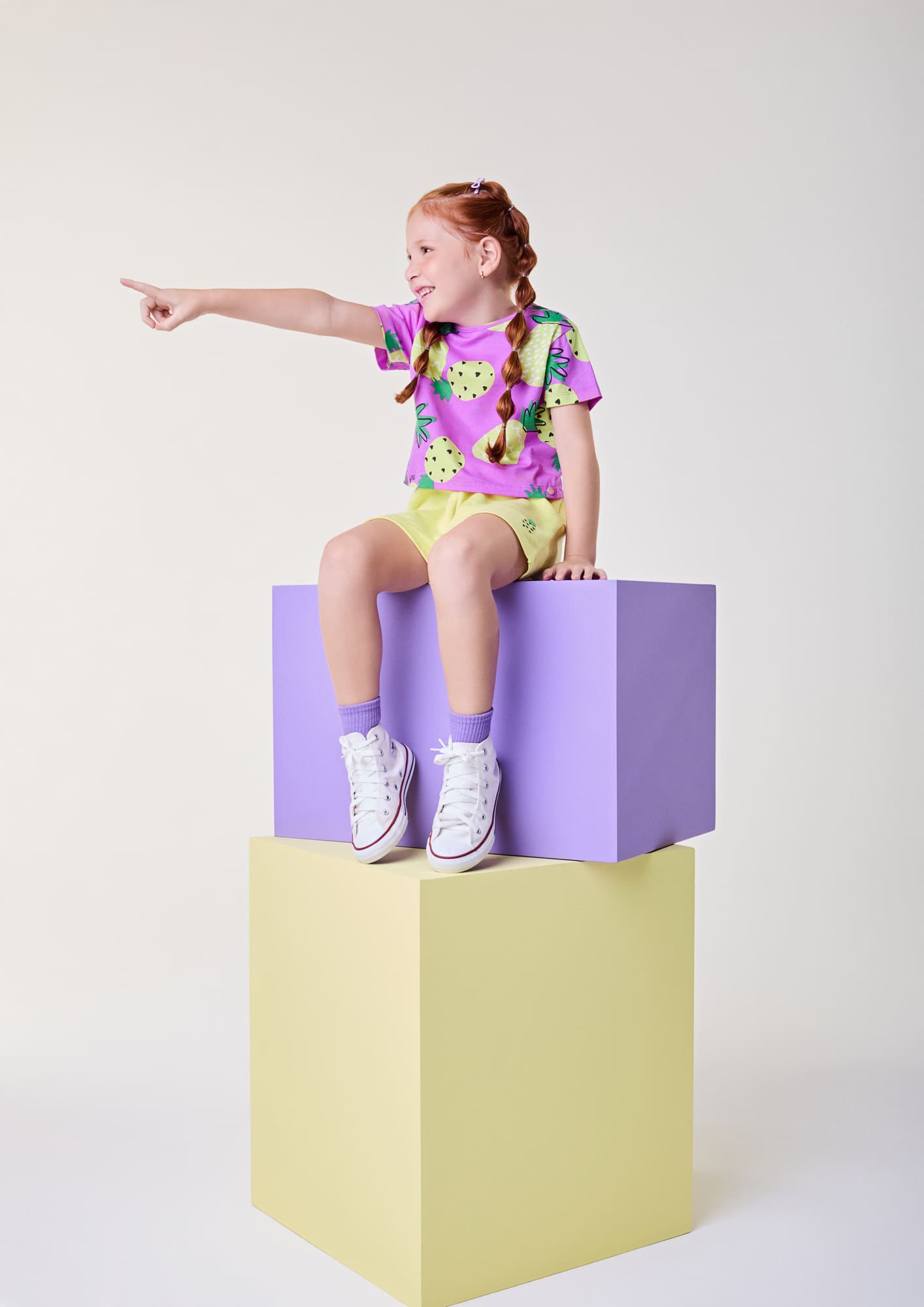 Conjunto Infantil Bimbi Verão com Shorts Verde e Blusa Roxa Abacaxis