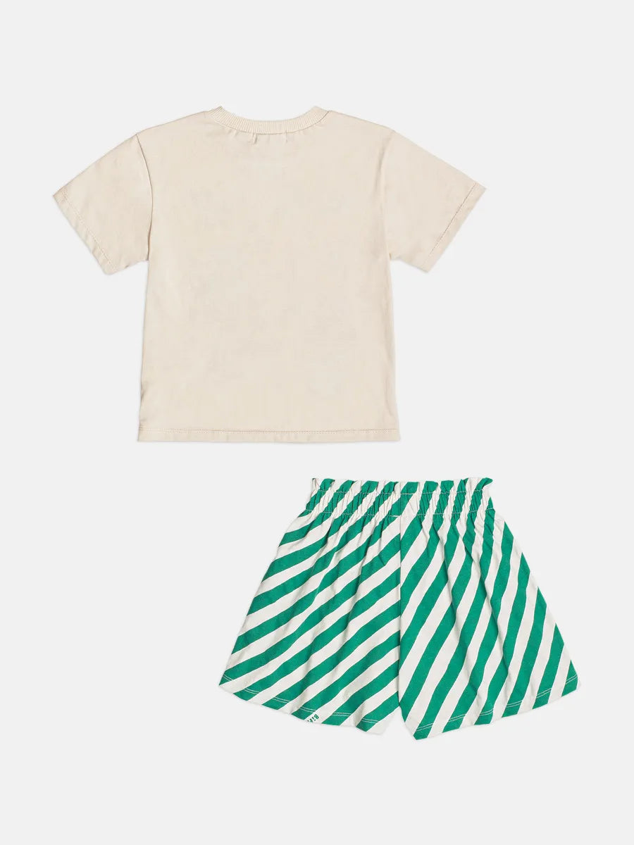 Conjunto Infantil Menina Bimbi Shorts Listrado Verde e Blusa Bege Praia