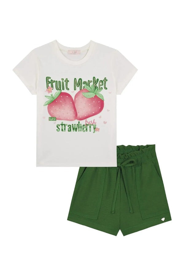 Conjunto Infantil Kukiê Verão com Shorts Verde e Blusa Branca Moranguinho
