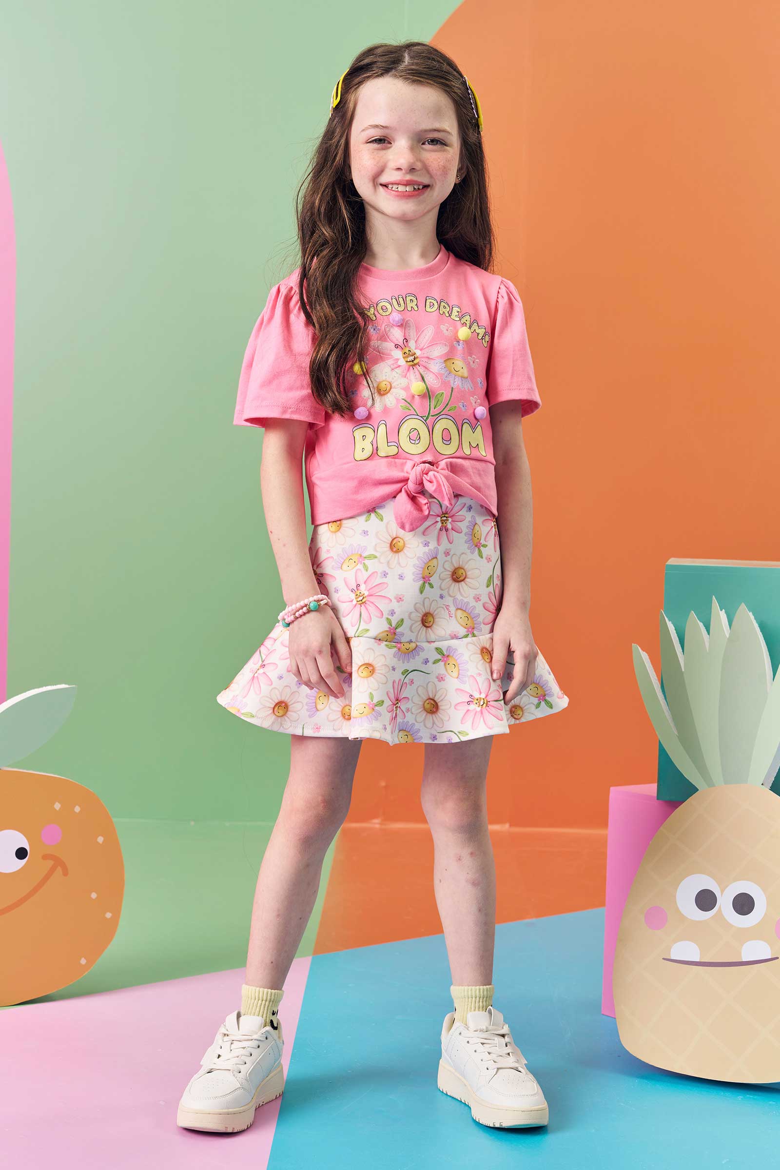 Conjunto Infantil Kukie Verão Saia e Blusa Rosa Flores