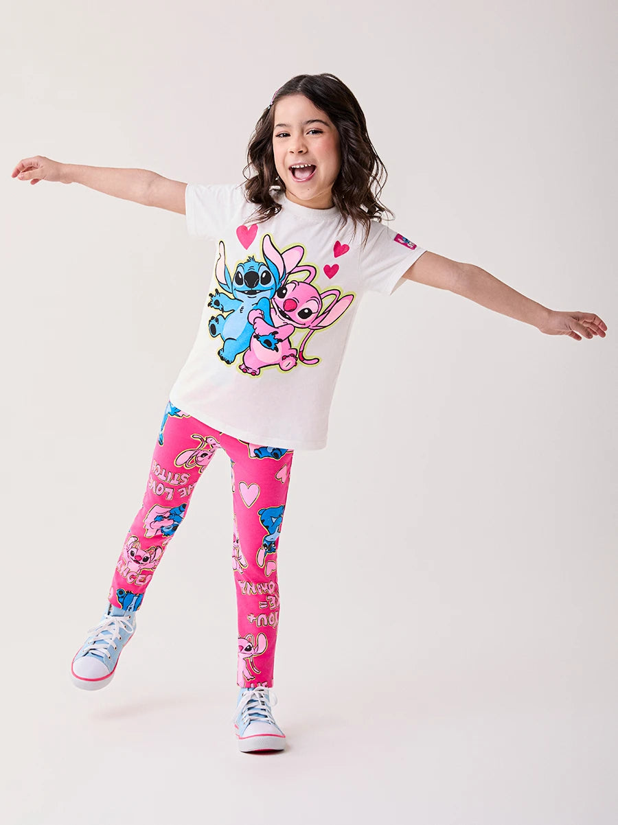 Conjunto Infantil Momo Inverno com Calça Legging Rosa e Blusa Manga Curta Stitch e Angel Love Disney