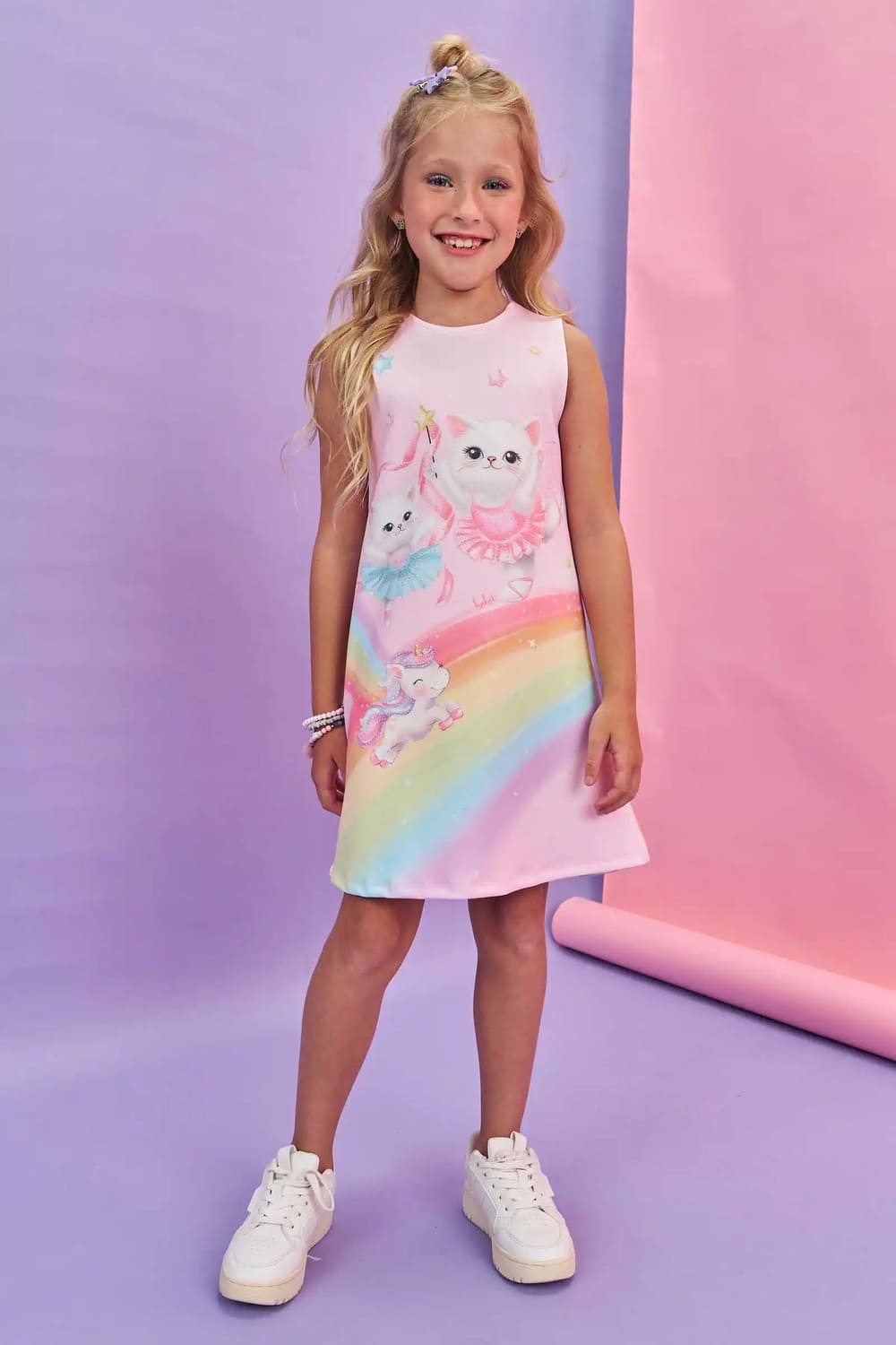 Vestido Infantil Kukie Verão Rosa Arco-íris