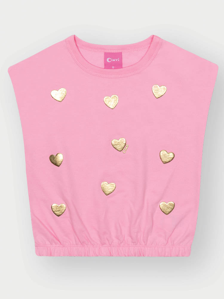 Conjunto Infantil Cinti Verão com Shorts Saia e Blusa sem Mangas Rosa Corações