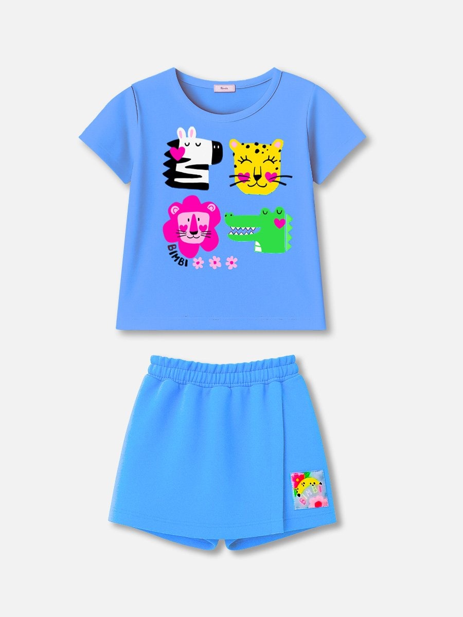 Conjunto Infantil Bimbi Verão com Shorts Saia e Blusa Azul Animais