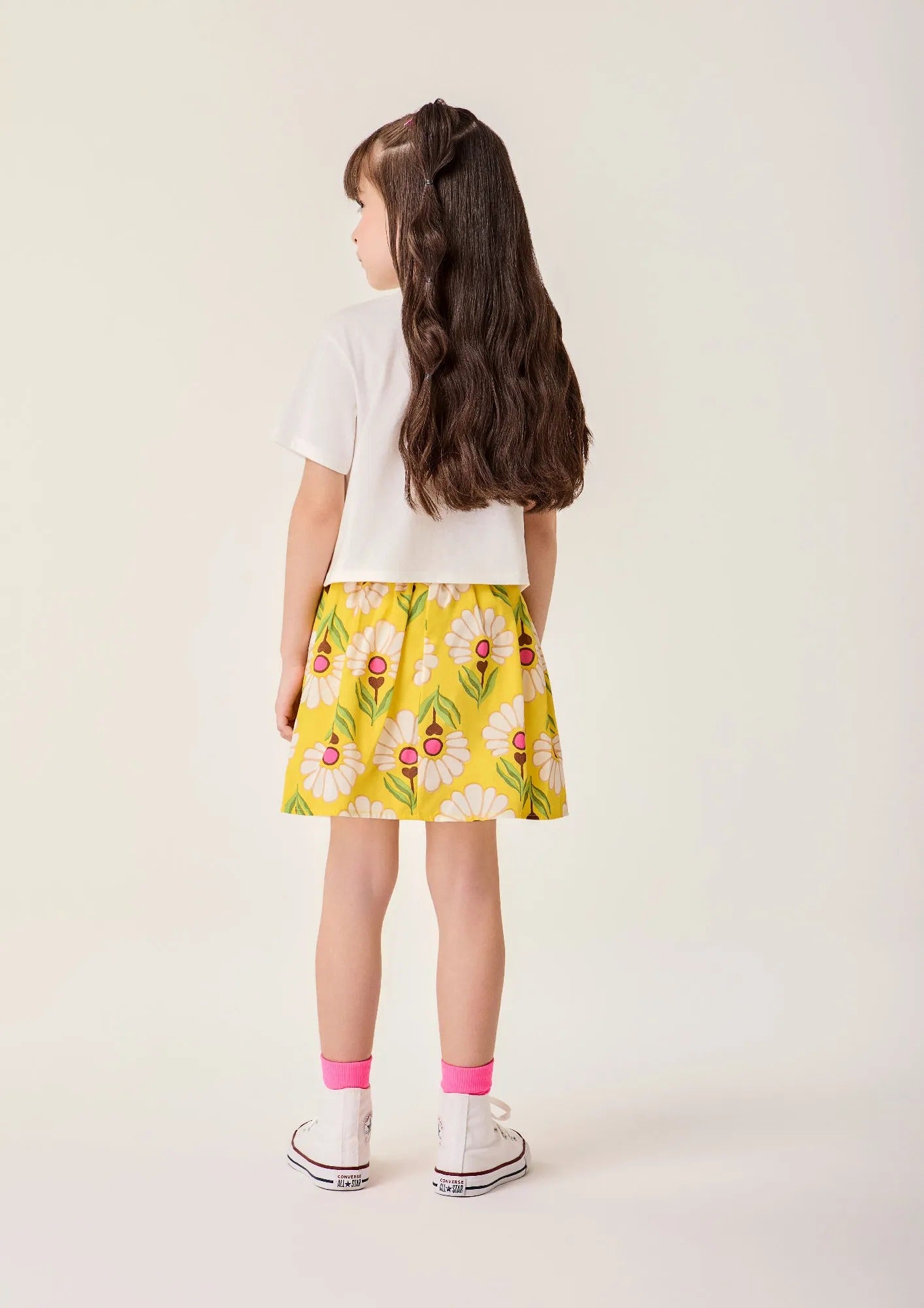 Conjunto Infantil Menina Bimbi com Saia Amarela e Blusa Branca Florzinhas