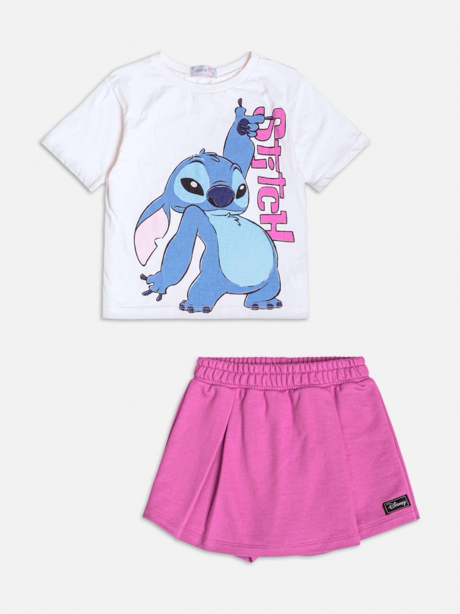 Conjunto Infantil Momi com Shorts Saia e Blusa Branca Stitch