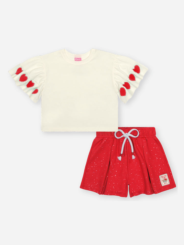 Conjunto Infantil Cinti Verão Shorts Vermelho com Brilho e Blusa Branca Corações