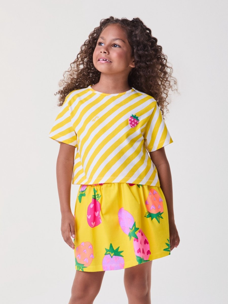 Conjunto Infantil Bimbi Verão com Saia e Blusa Amarela Listrada Moranguinho