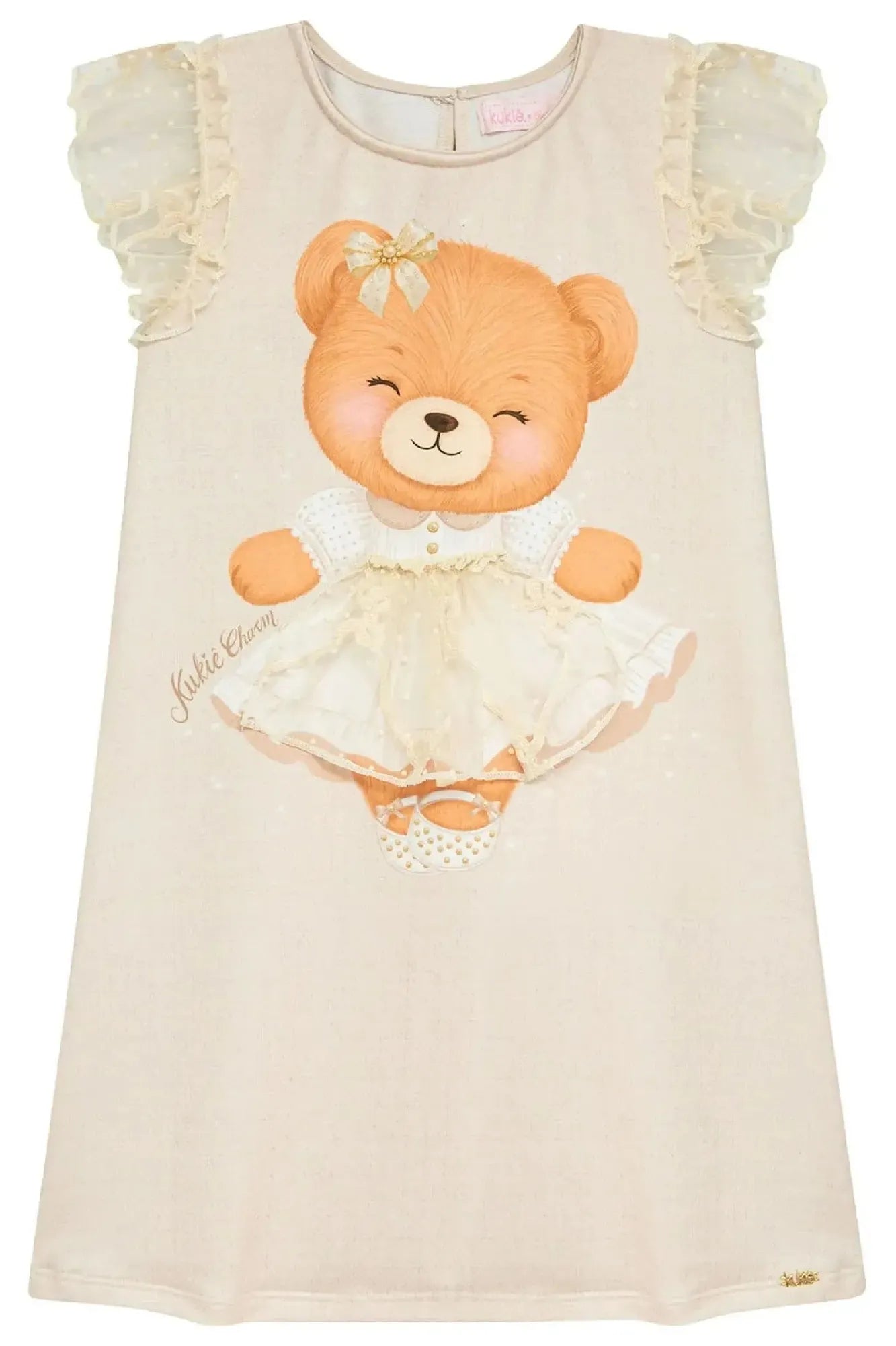 Vestido Infantil Kukiê Bege Ursinha com Detalhe em Tule
