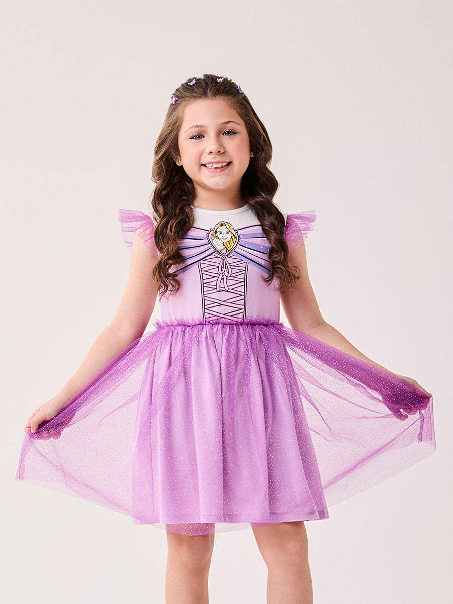 Vestido Infantil Bimbi Inverno Lilás com Tule e Glitter Rapunzel Disney