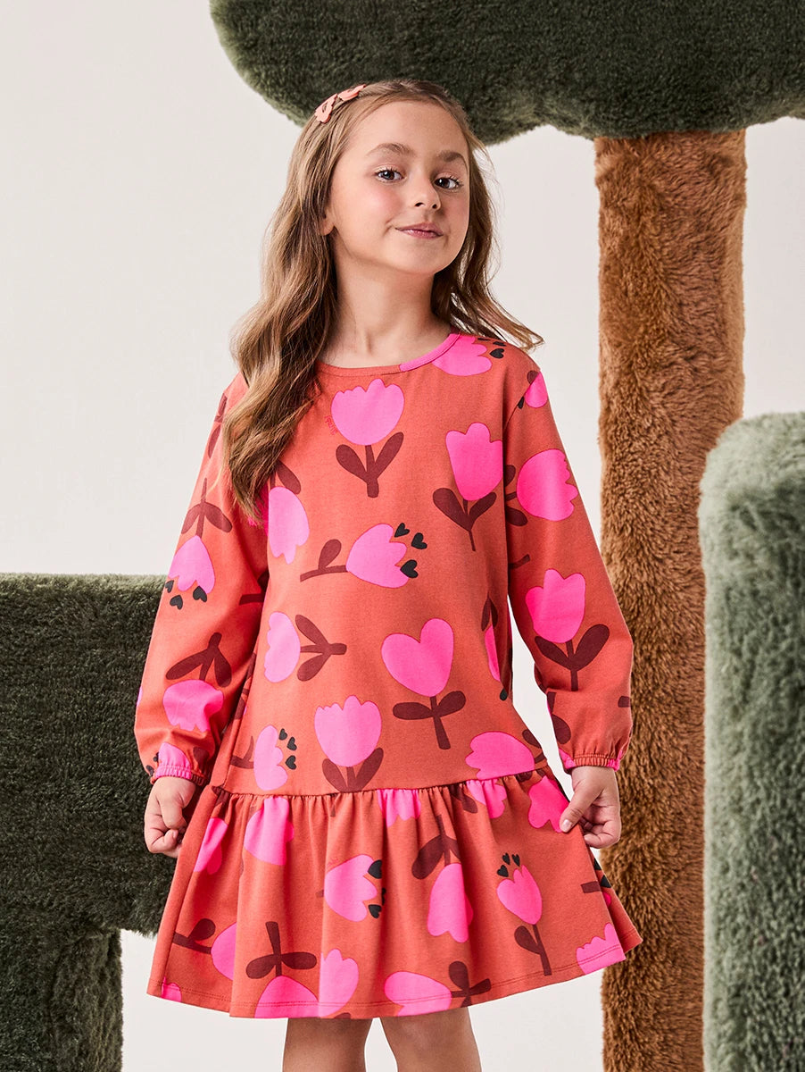Vestido Infantil Bimbi Inverno Manga Longa Marrom Florzinhas