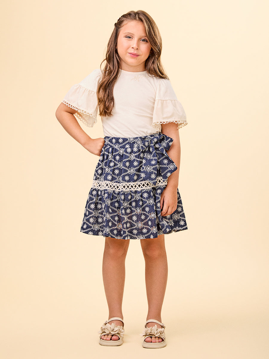 Conjunto Infantil Animê Verão Saia Bordada e Blusa
