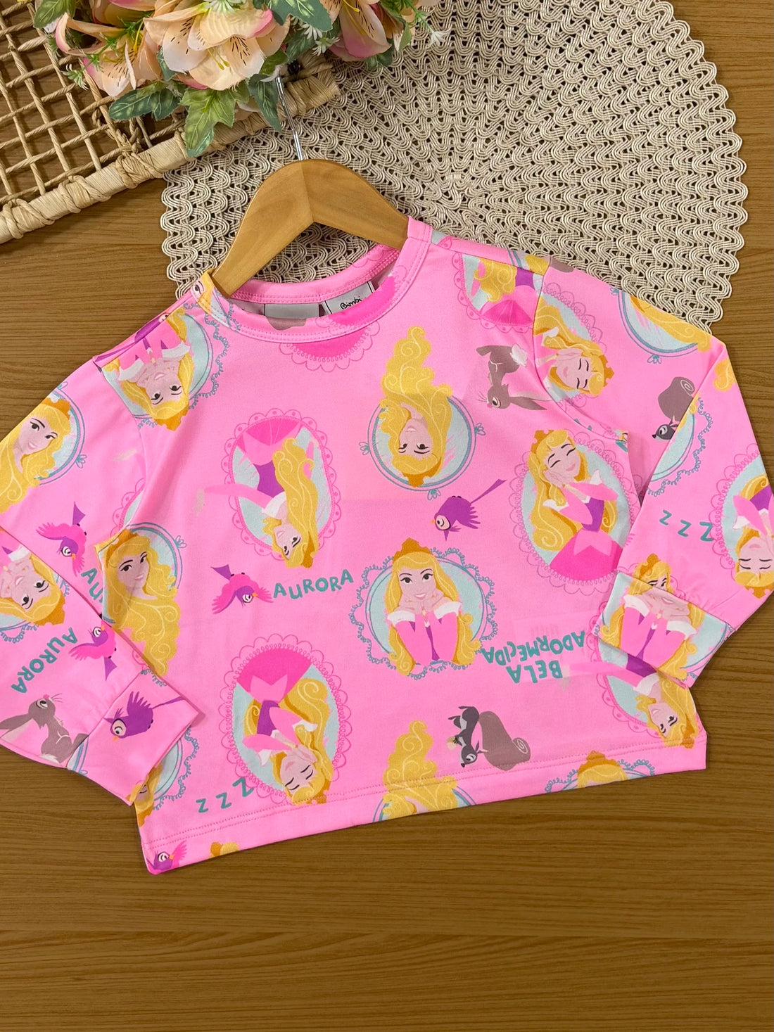 Pijama Infantil Bimbi inverno com Calça e Blusa Manga Longa Rosa Aurora Disney
