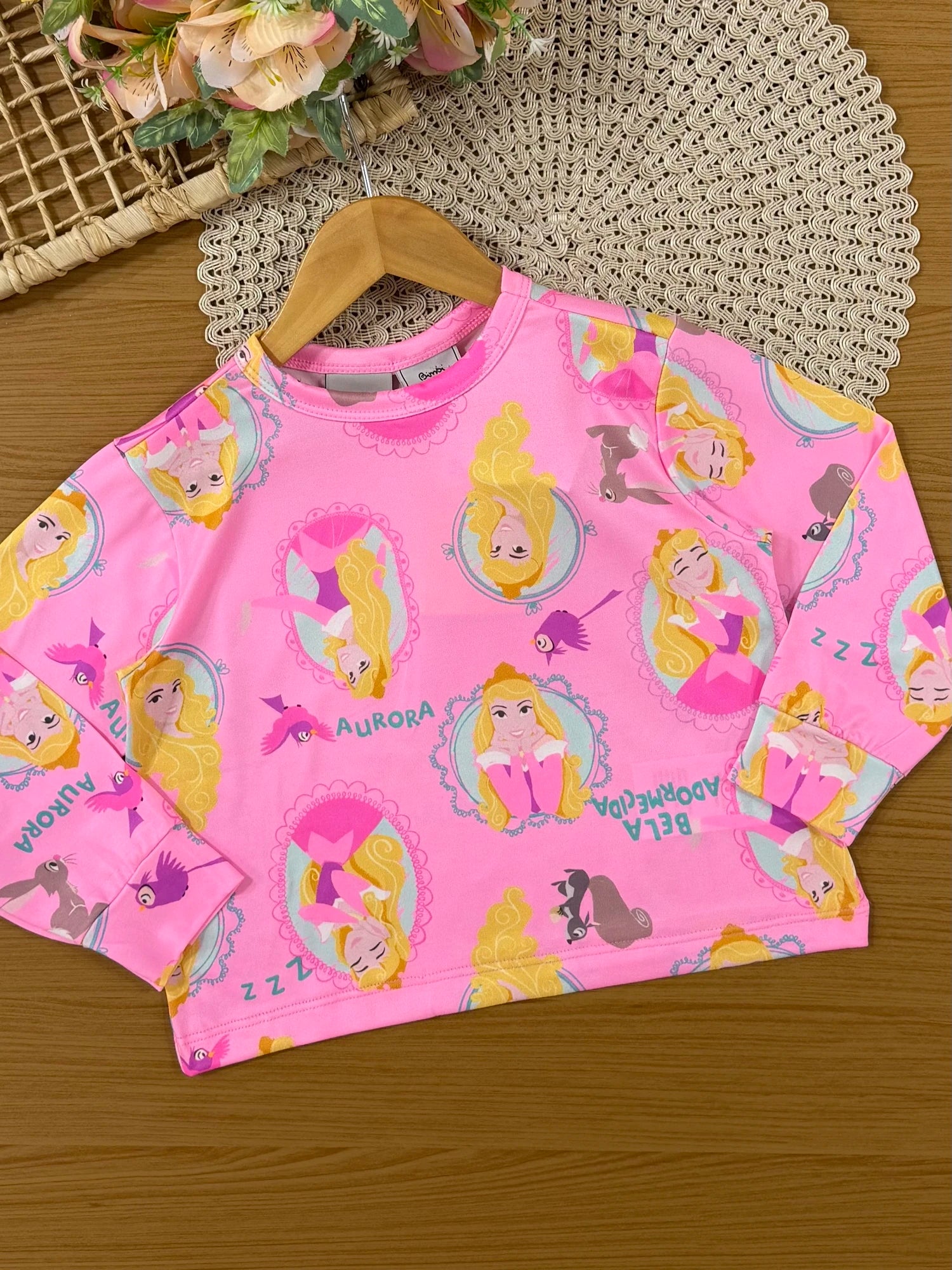 Pijama Infantil Bimbi inverno com Calça e Blusa Manga Longa Rosa Aurora Disney