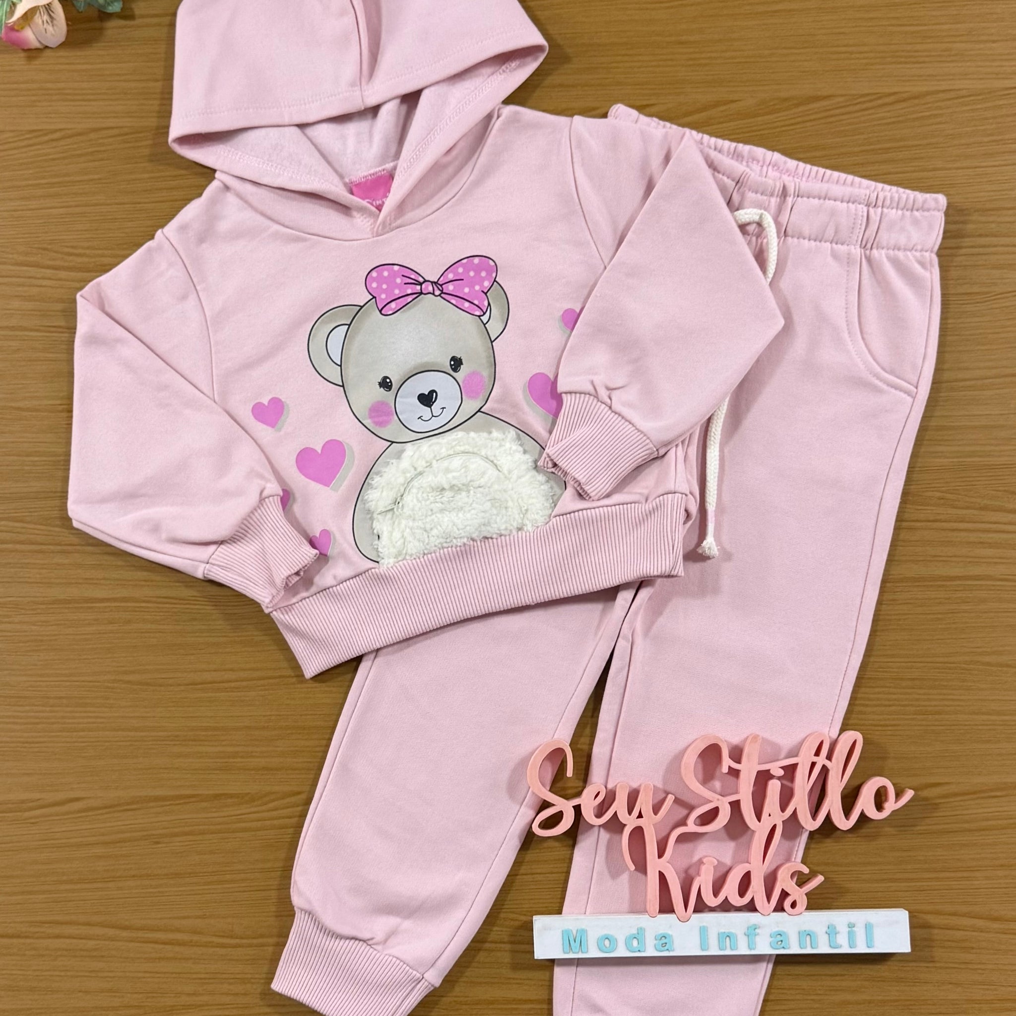 Conjunto Infantil Cinti Inverno Calça e Moletom Flanelado Rosa Ursinha com Bolso