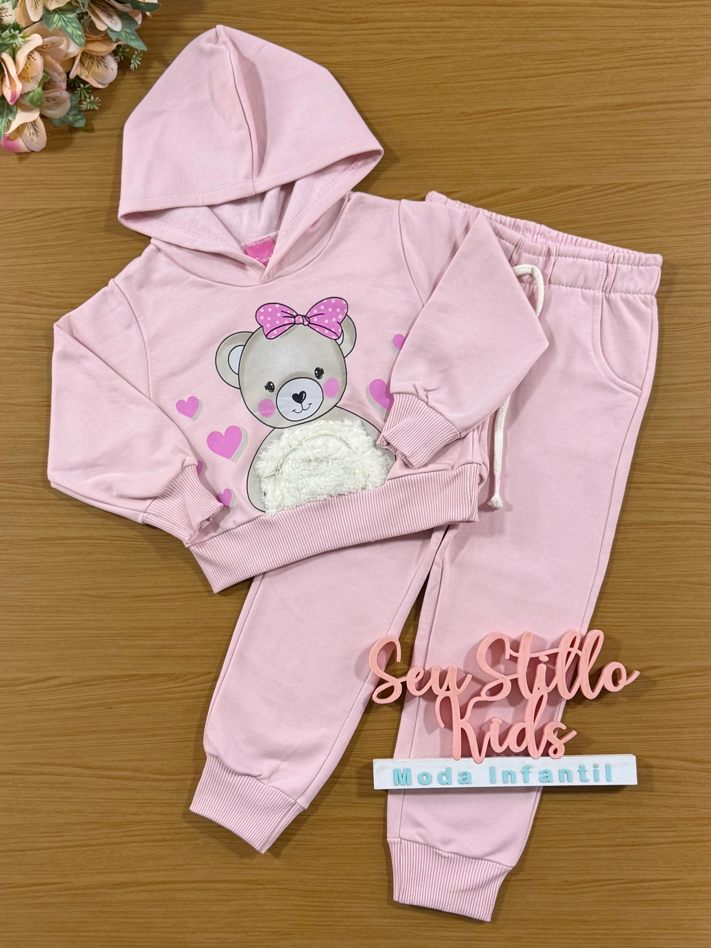 Conjunto Infantil Cinti Inverno Calça e Moletom Flanelado Rosa Ursinha com Bolso
