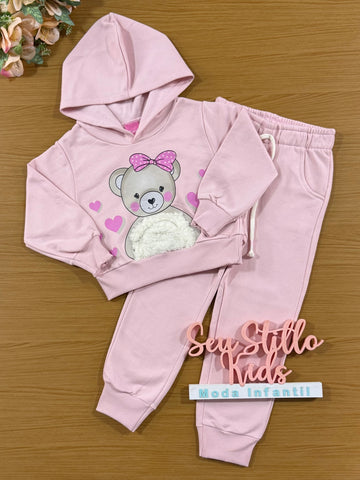 Conjunto Infantil Cinti Inverno Calça e Moletom Flanelado Rosa Ursinha com Bolso