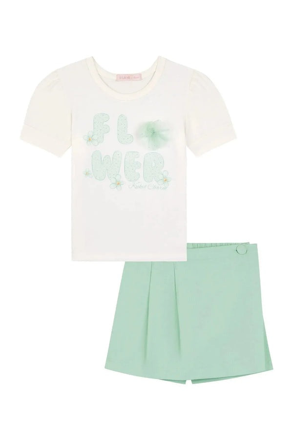 Conjunto Infantil Kukiê Verão com Shorts Saia Verde e Blusa Branca Flower