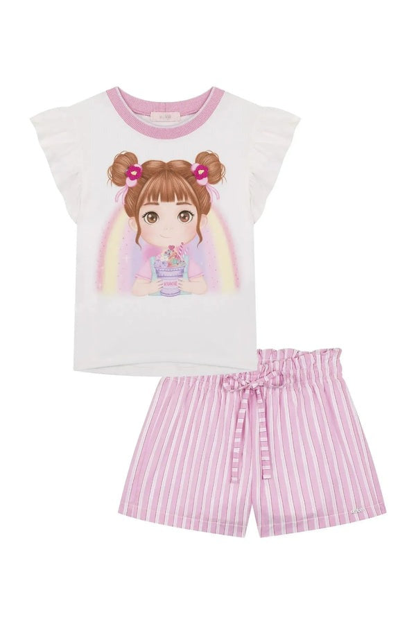Conjunto Infantil Kukiê Verão com Shorts Rosa Listrado e Blusa Branca Menina Arco-íris