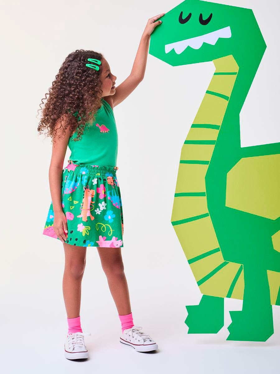 Conjunto Infantil Bimbi Verão com Saia e Regata Verde Dinos