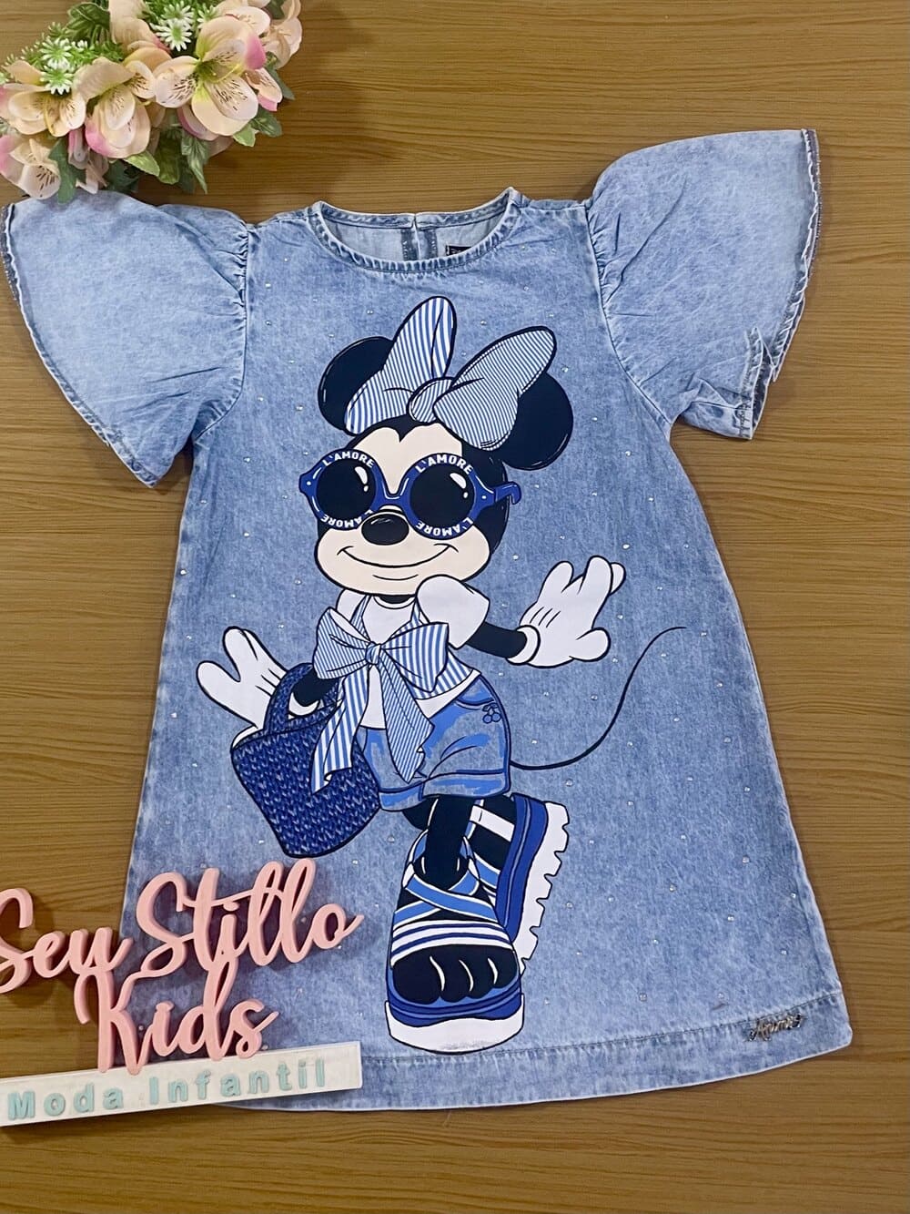 Vestido Infantil Animê Verão Jeans Minnie com Strass Disney