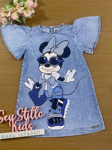 Vestido Infantil Animê Verão Jeans Minnie com Strass Disney
