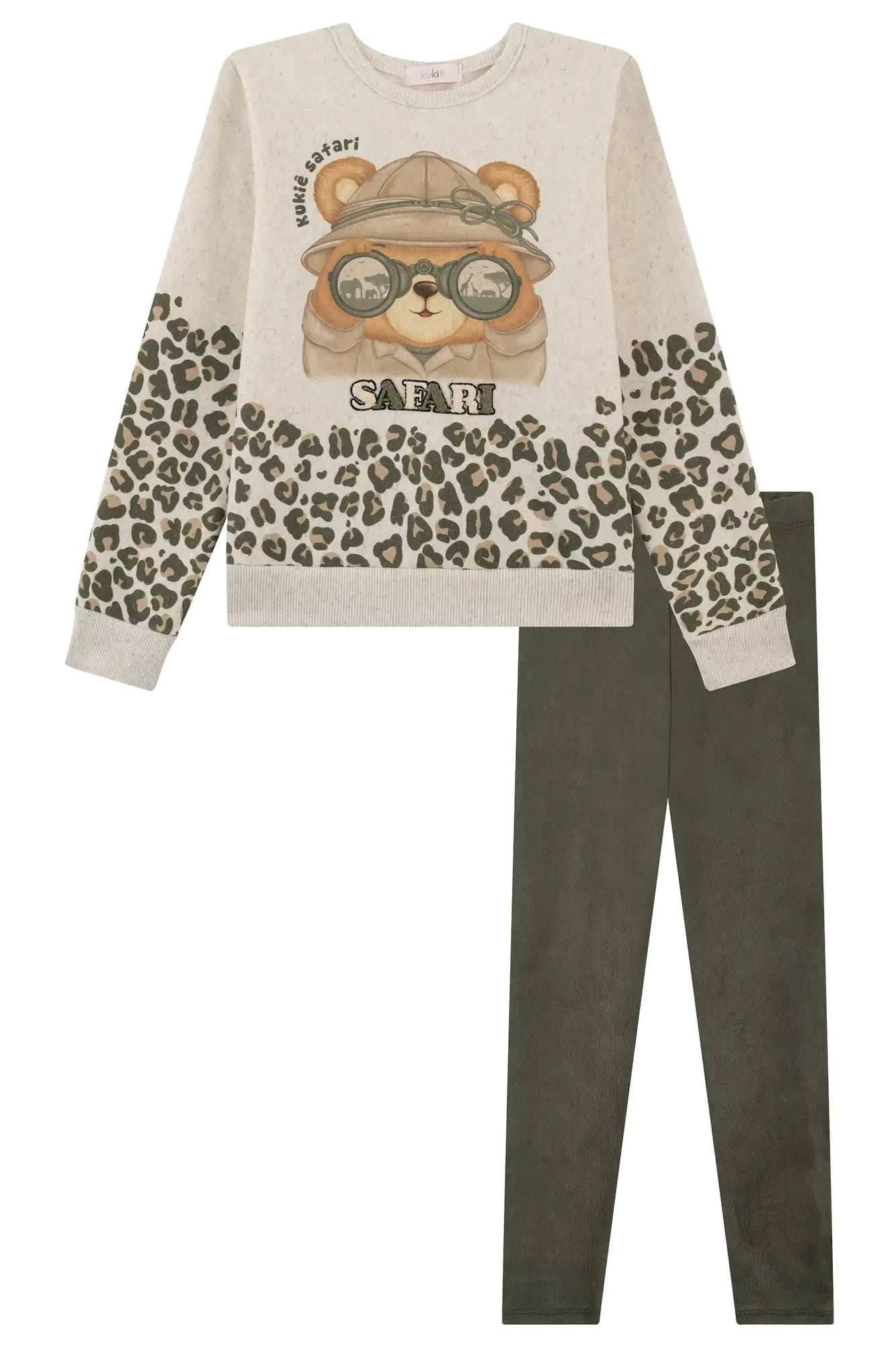 Conjunto Infantil Kukiê Inverno Legging Verde e Moletom sem Flanela Ursinha Safari