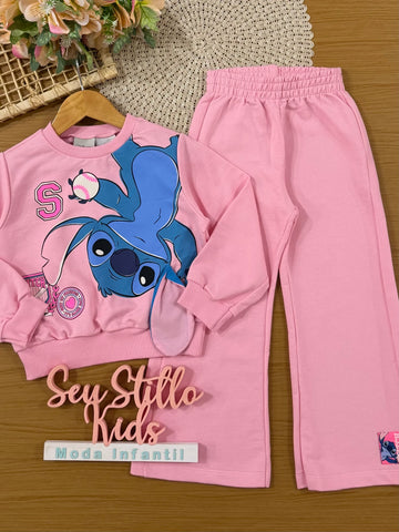 Conjunto Infantil Momi Inverno com Calça e Moletom sem Flanela Rosa Stitch Friends Disney