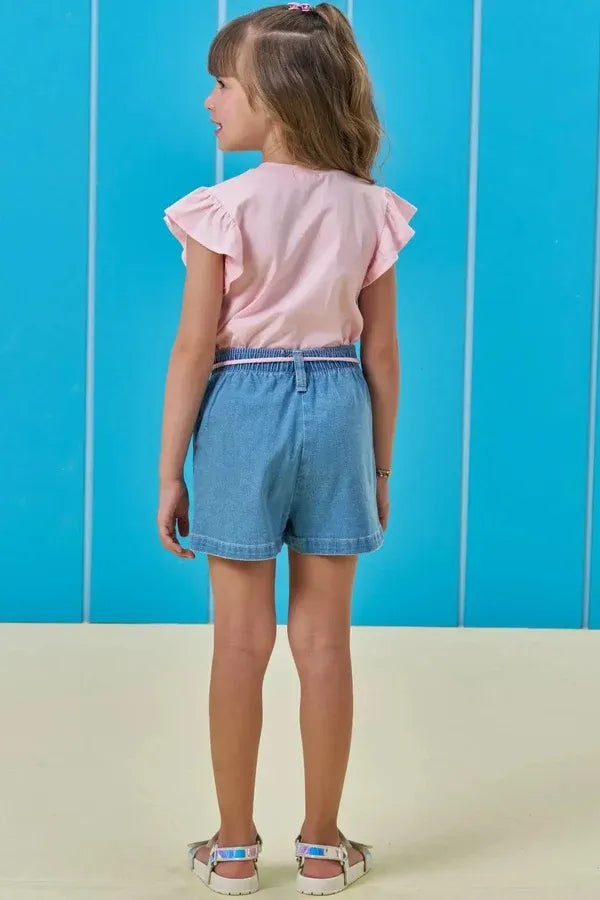 Conjunto Infantil Menina Kukiê com Shorts Jeans e Blusa Cerejinha Arco-íris