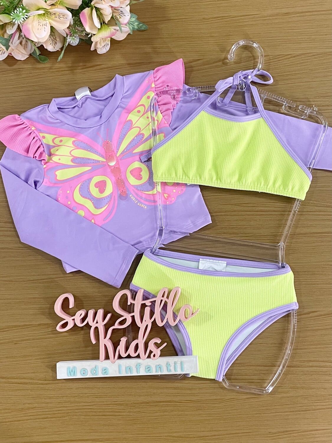 Biquíni Infantil Kukiê Verão com Blusa Manga Longa Lilás Borboleta