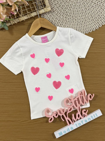 Blusa Infantil Cinti Verão Branca com Corações Rosa
