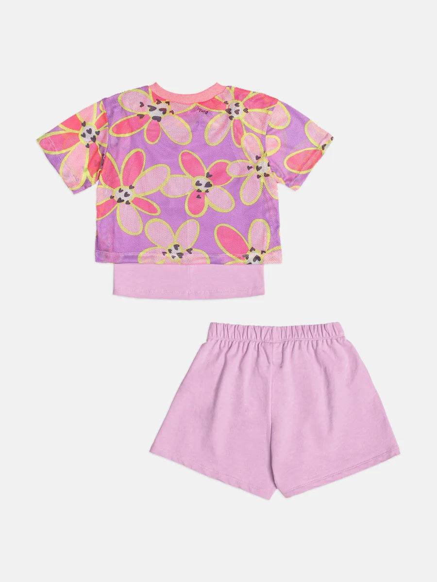 Conjunto Infantil Menina Bimbi com Shorts e Blusa Lilás com Sobreposição em Tela Florida