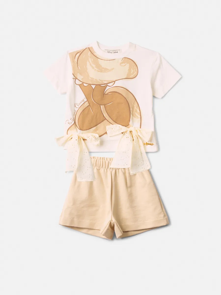 Conjunto Infantil Menina Animê Shorts Bege e Blusa Minnie Lacinho Disney