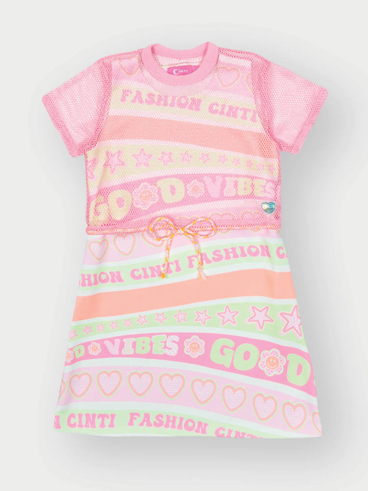 Vestido Infantil Cinti Verão Colorido com Sobreposição Rosa Estrelinhas