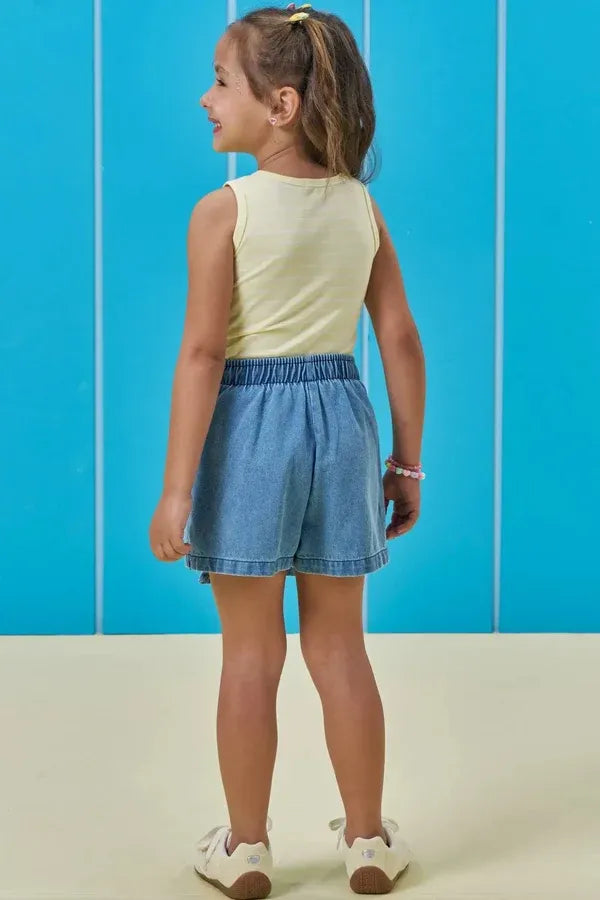 Conjunto Infantil Menina Kukiê com Shorts Saia Jeans e Regata Amarela Limãozinho Tricô