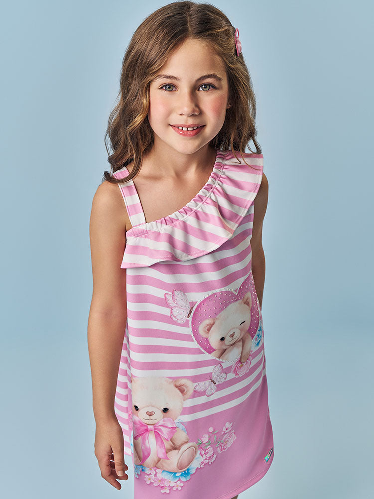 Vestido Infantil Cinti Verão Rosa Listrado Ursinha Coração com Strass