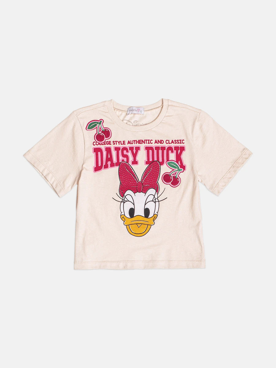Blusa Infantil Momi Inverno Manga Curta Bege Daisy Duck Cerejinha Disney