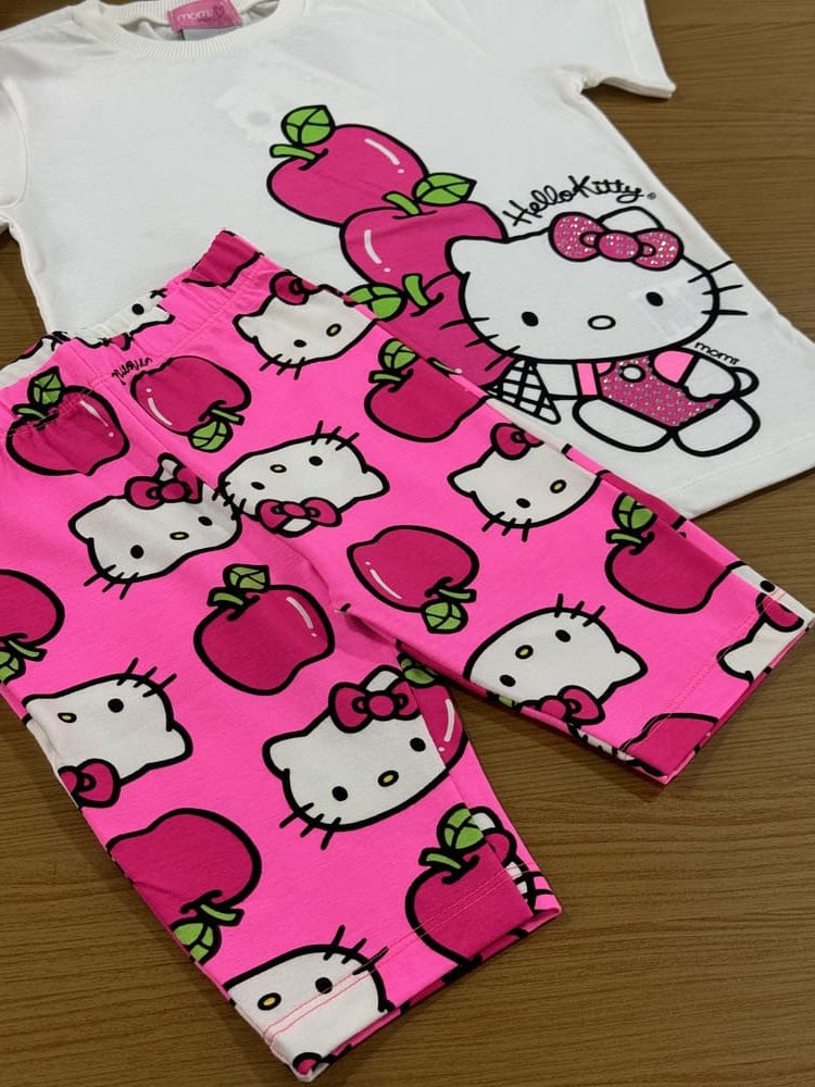 Conjunto Infantil Momi Verão Shorts Ciclista Rosa e Blusa Hello Kitty