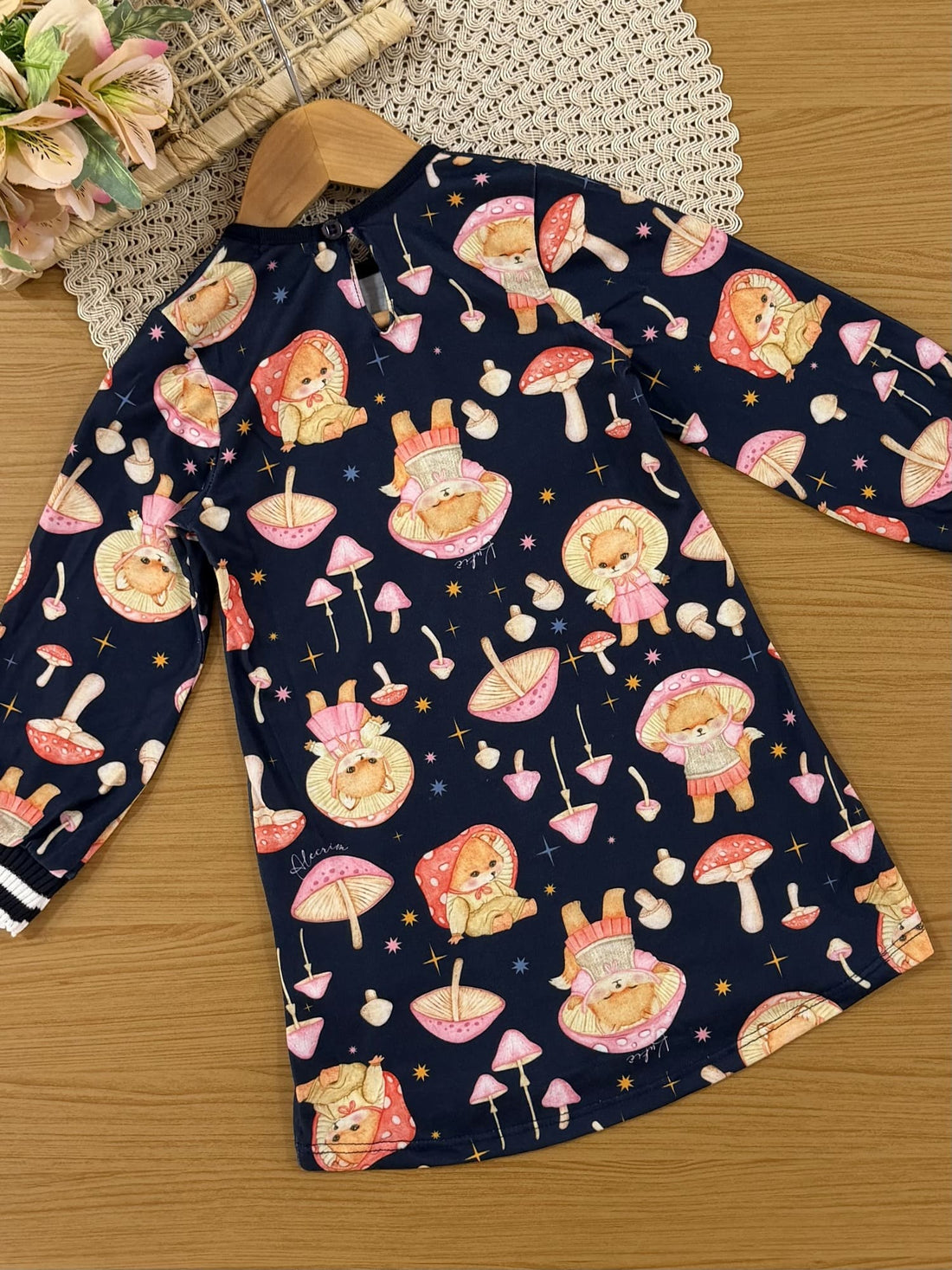 Vestido Infantil Kukiê Inverno Azul Marinho Raposinha Cogumelo