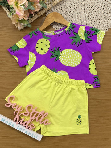 Conjunto Infantil Bimbi Verão com Shorts Verde e Blusa Roxa Abacaxis