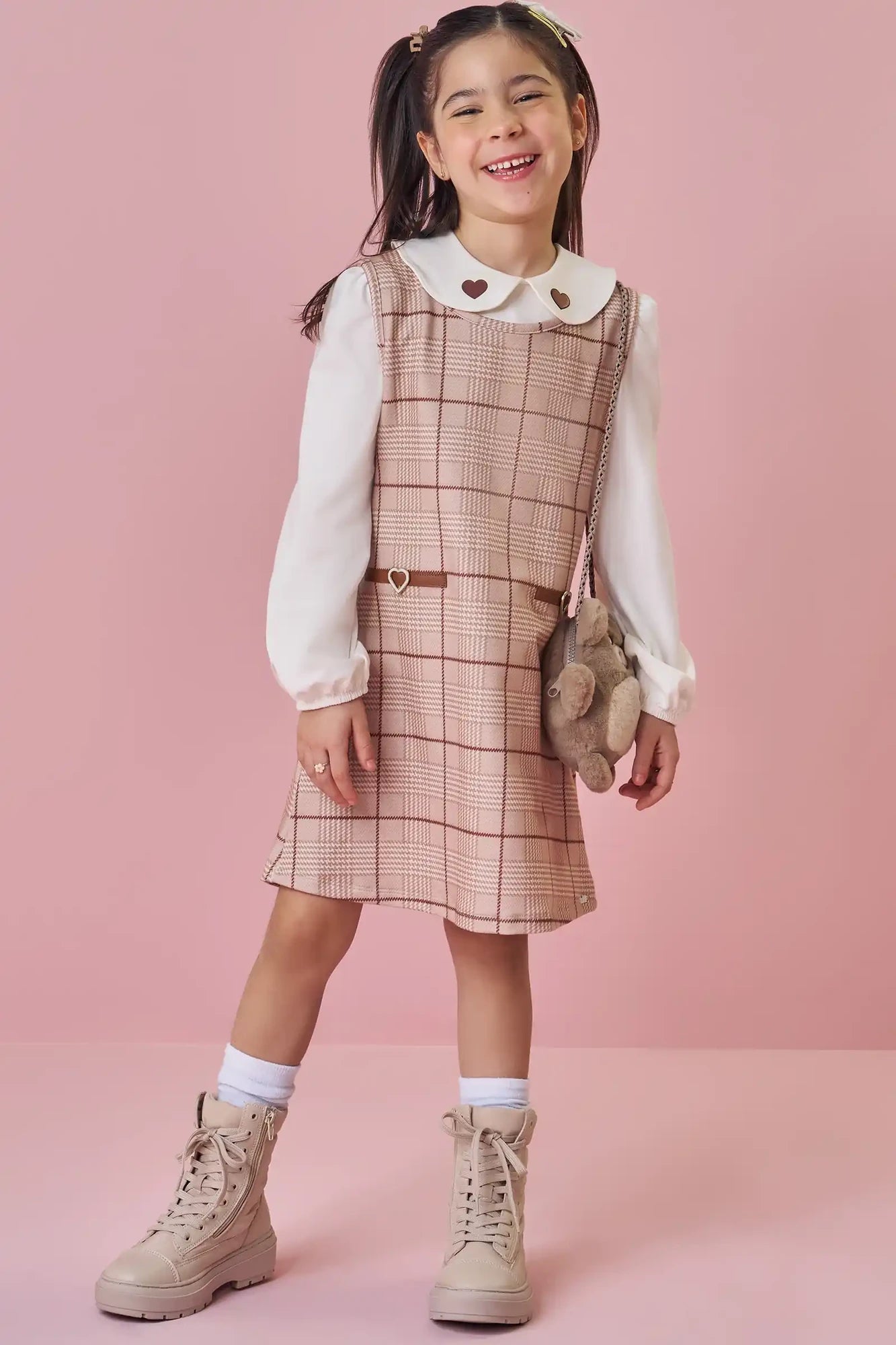 Vestido Infantil Kukiê Inverno Bege com Blusa Manga Longa Coração